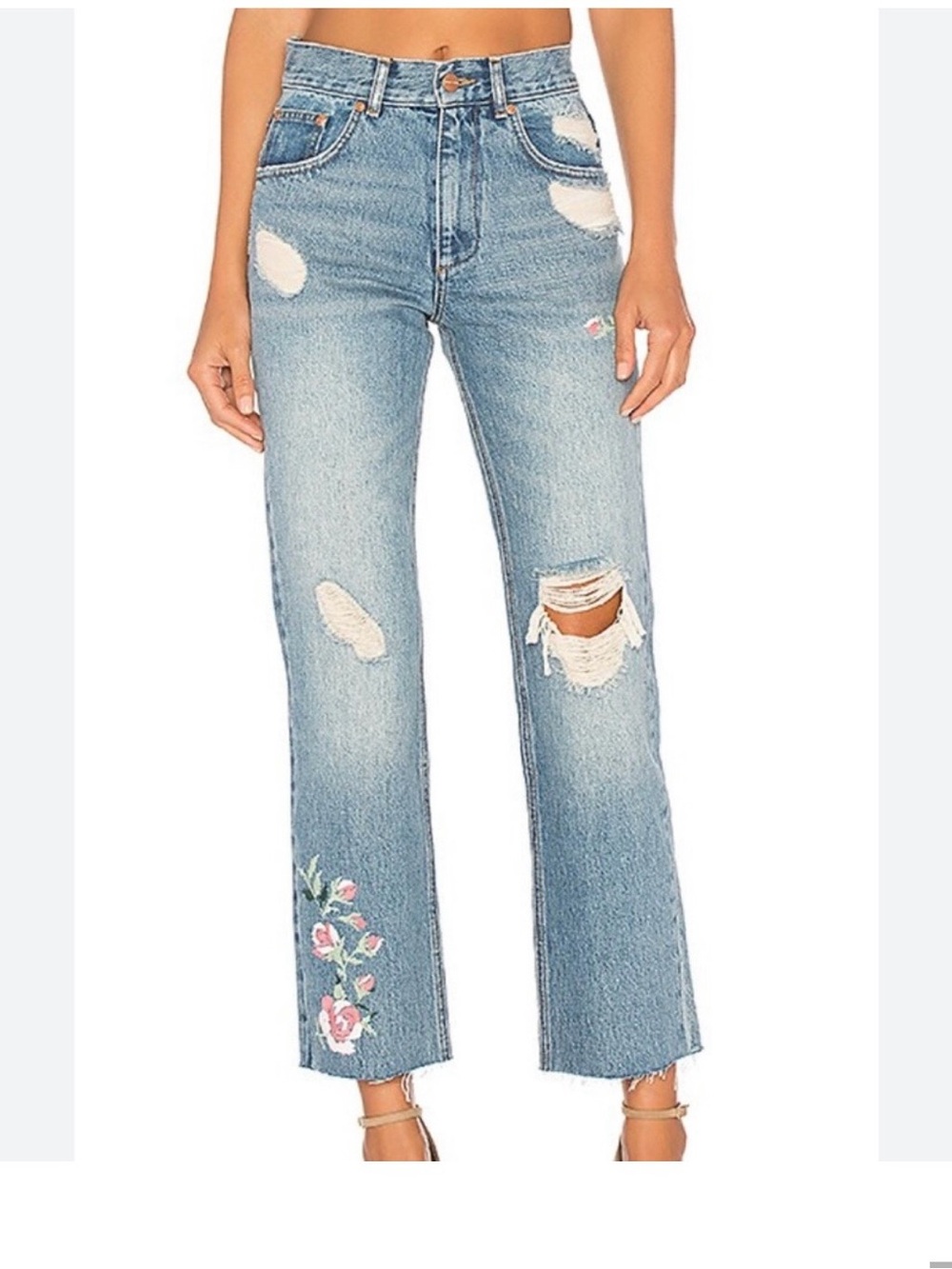 Anine Bing Embroidered Light Blue Distressed High-Rise Women’s Jeans
